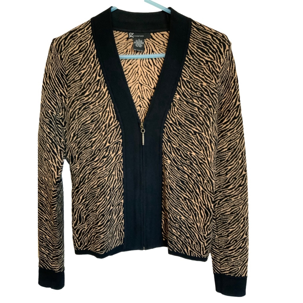 Studio G Signature Cardigan Sweater Black Tan Zebra Print Size S